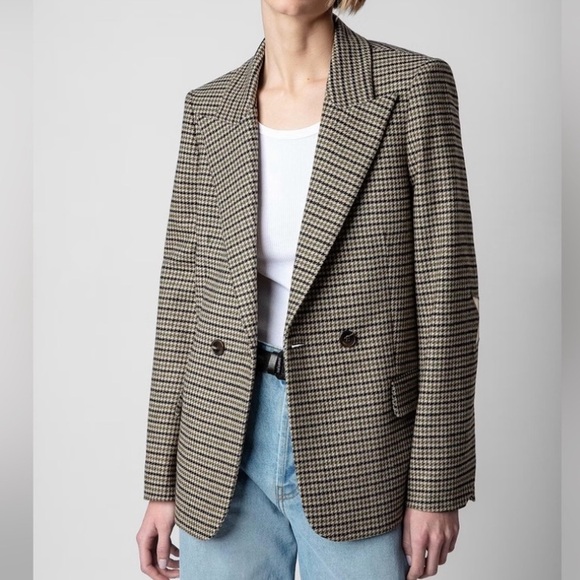 NWT Zadig & Voltaire Car Patch Houndstooth Check Blazer in Pickle Size XL - Picture 1 of 16